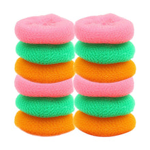 Set of 12 round nylon scrubbers, durable and effective for cleaning.